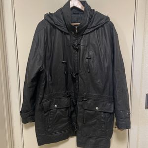 Wilsons Black Leather 3/4 Length Jacket Hood Men Sz S Oversized Work Coat Zip